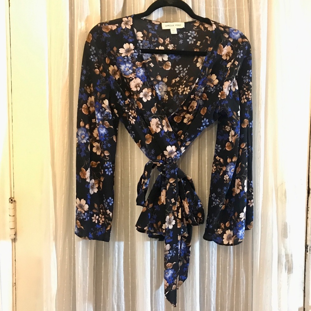 Amour Vert Silk Floral Wrap Blouse Size L